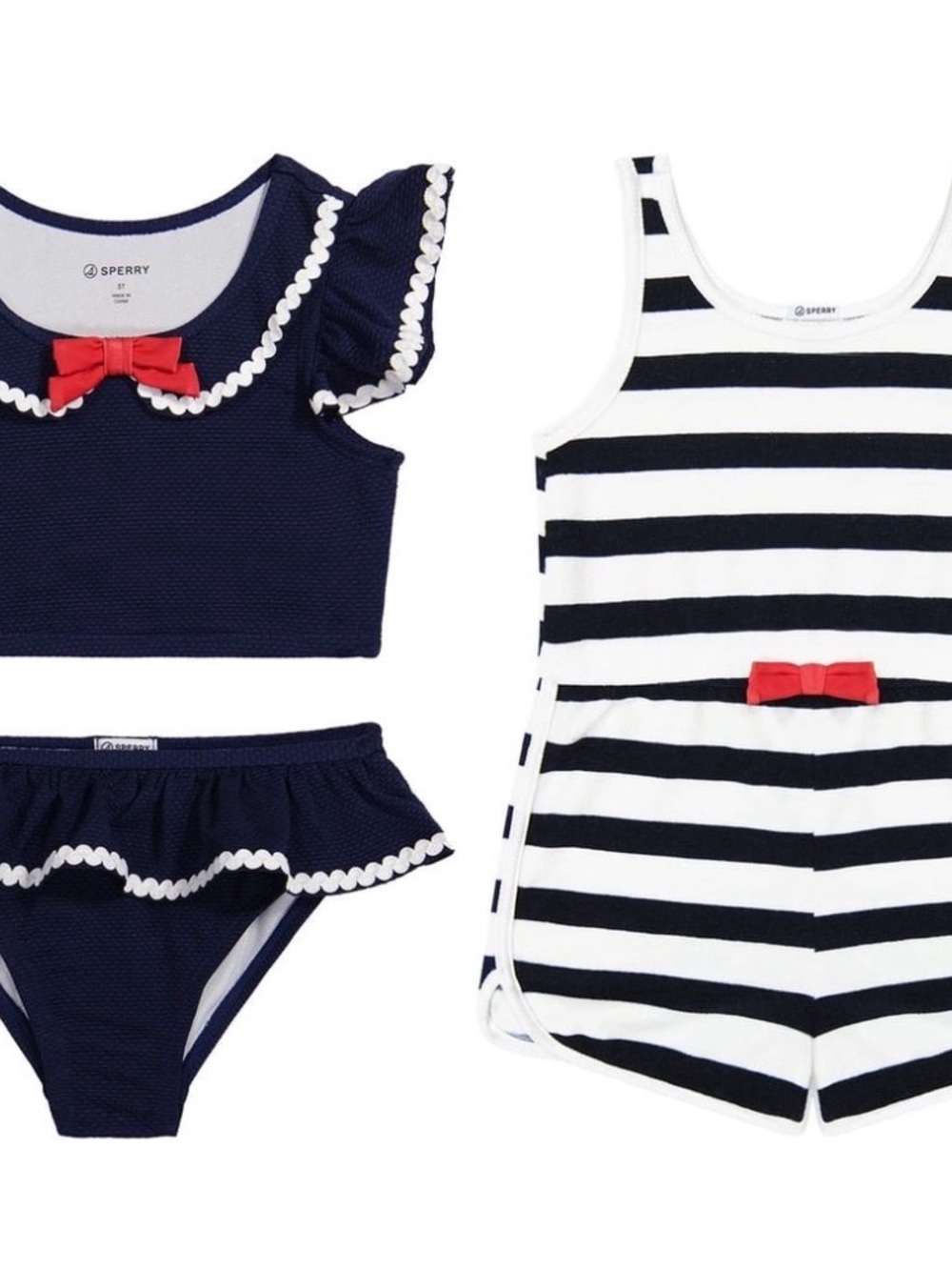 Sperry Navy, White & Red Girls Two-Piece Swim Set with Striped Romper